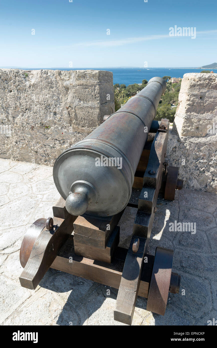 A canon on the battlements over looking Ibiza Town. Stock Photo