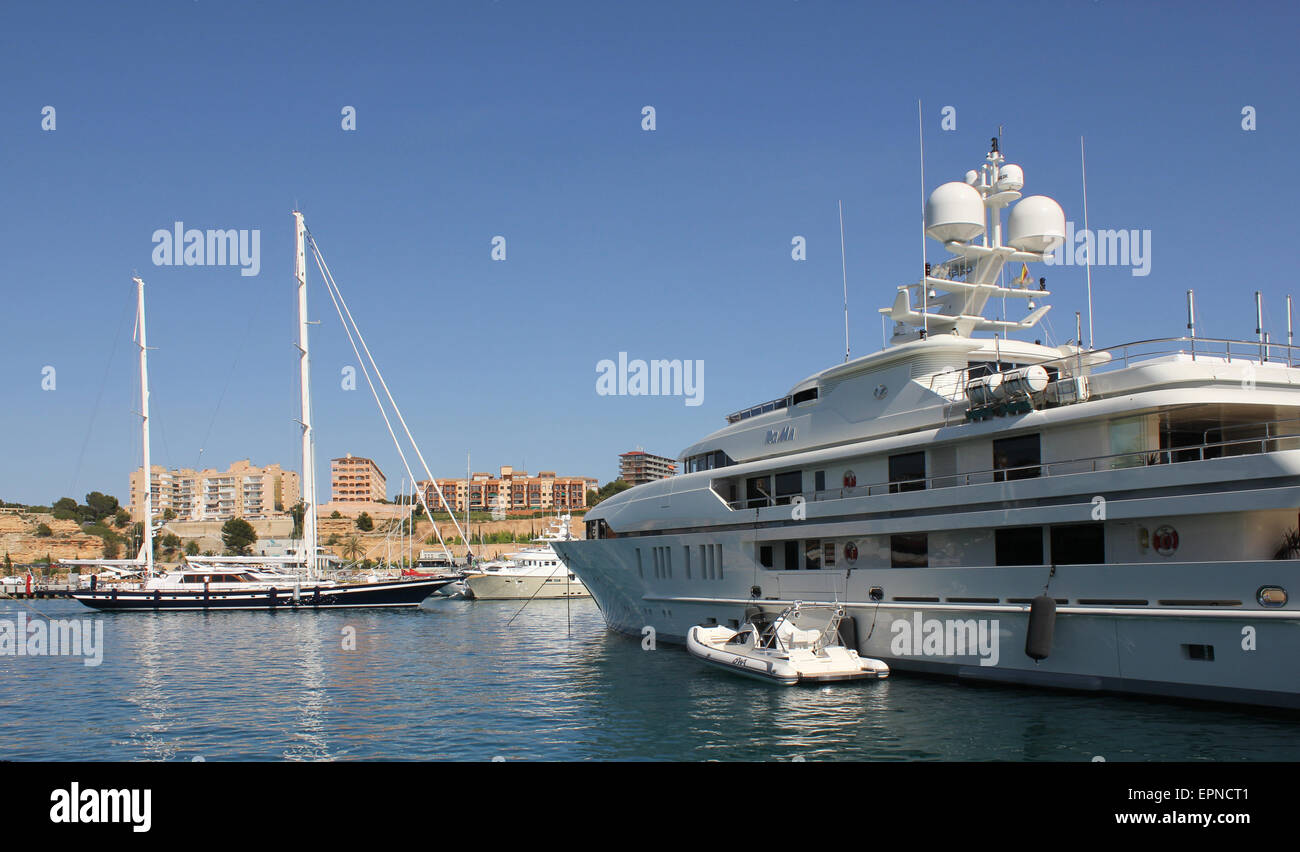 Luxury Mallorca - Luxury Superyachts in Philippe Starck designed superyacht marina extension - Port Adriano Marina, Calvia Stock Photo