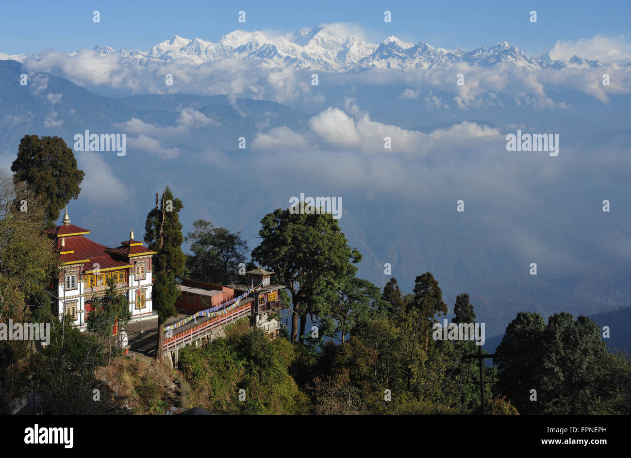 Bhutia Busty Gompa, & Kanchenjunga, Darjeeling. Stock Photo