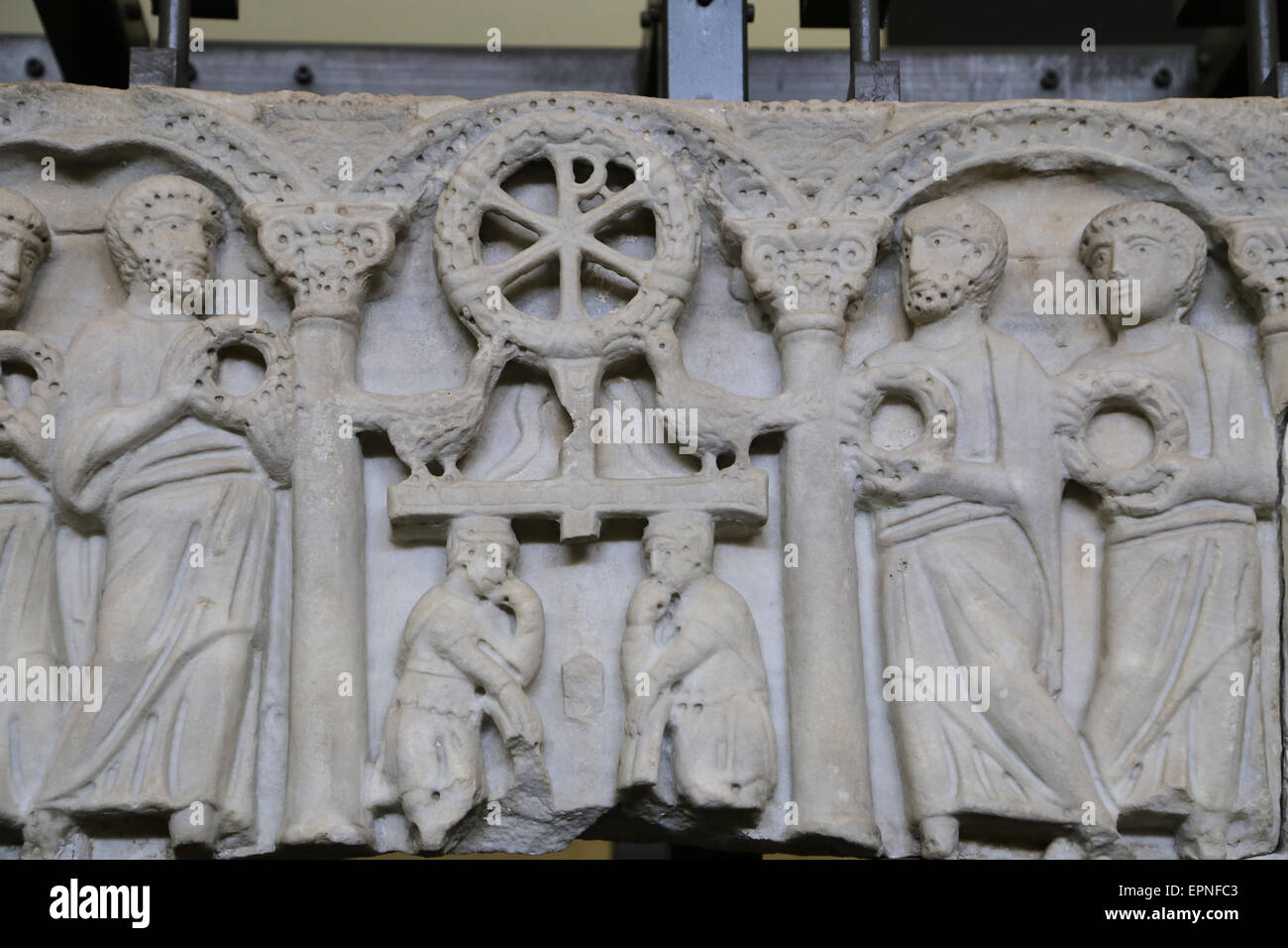 Columnar sarcophagus with Anastasis and acclaiming apostles. Vatican Museums. 4th-5th century. Stock Photo