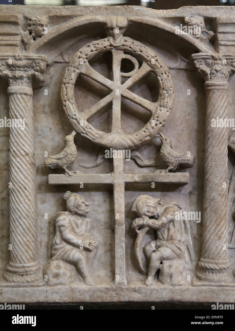 Early Christian. Roma. Sarcophagi of the Resurrection or Anastasis. Two arms of the cross with the monogram of Christ's. Stock Photo