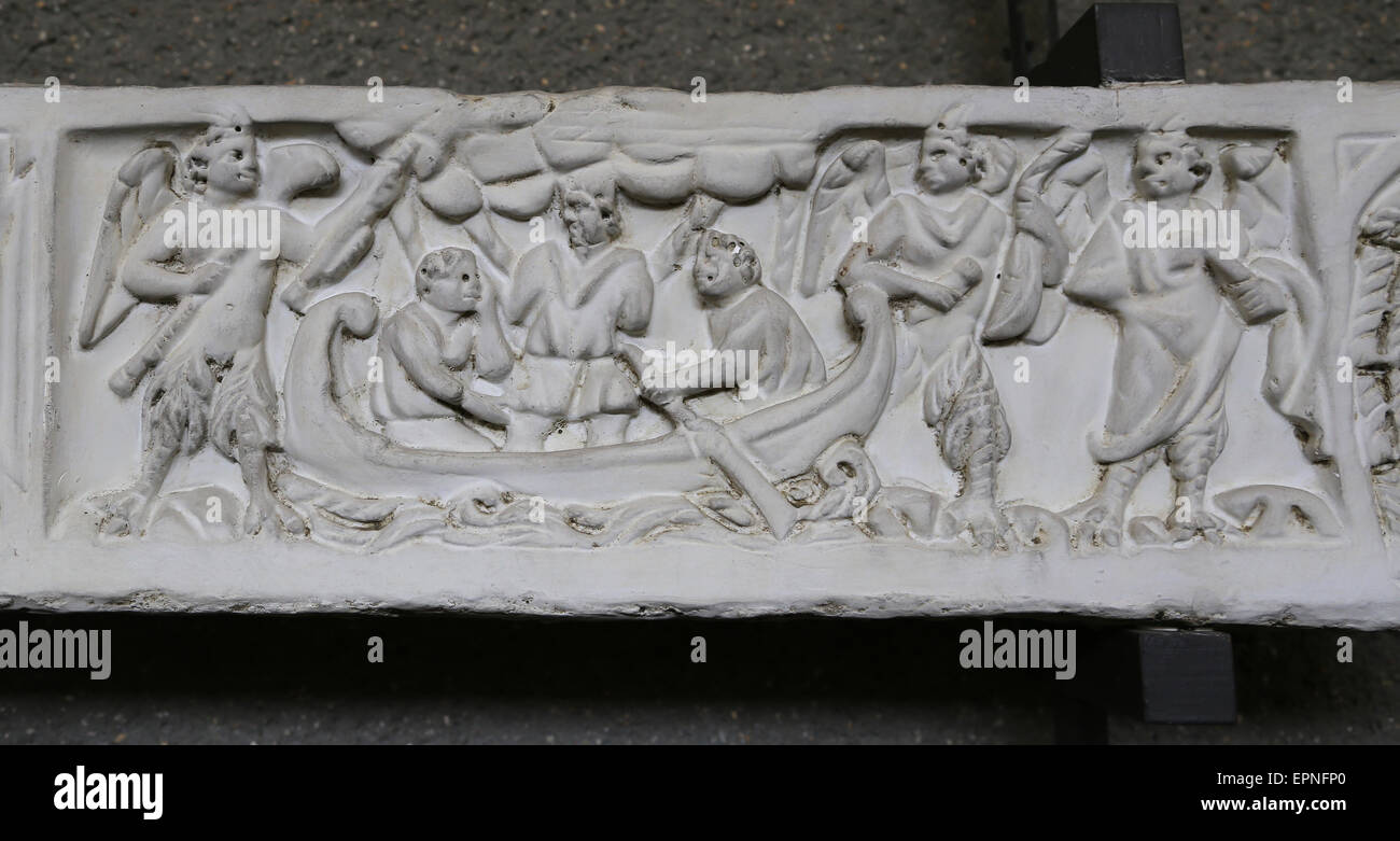 Roman sarcophagus. Fragments . Ulysses and the mermainds. 4th C. Original in Tricora of the Cementery of St. Calixtus. Copy. Stock Photo