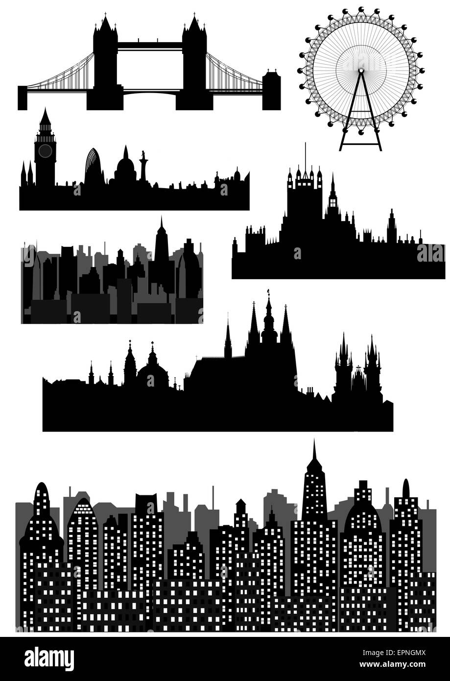 architectural monuments and landmarks - London, Prague and modern city Stock Vector