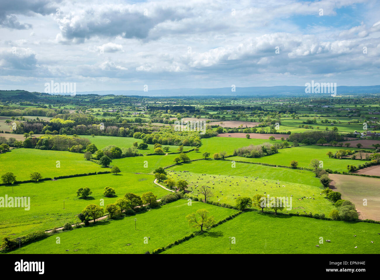 View of the Cheshire plain from Beeston castle, England. Beautiful English countryside in early summer. Stock Photo