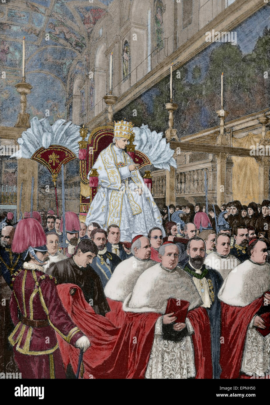Leo XIII (1810-1903). Italian Pope (1878-1903), named Vincenzo Gioacchino Pecci. Pope Leo XIII giving a blessing Urbi et Orbi, after the Pontifical Mass from the gestatorial chair. Engraving in The Iberian Illustration, 1888. Colored. Stock Photo