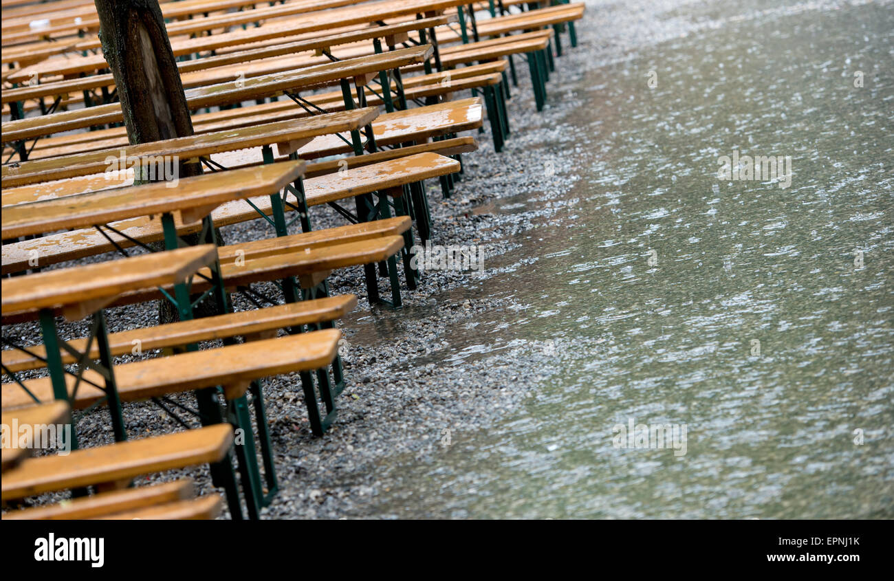 Tables And Benches Stand In The Rain In A Beer Garden In Stock