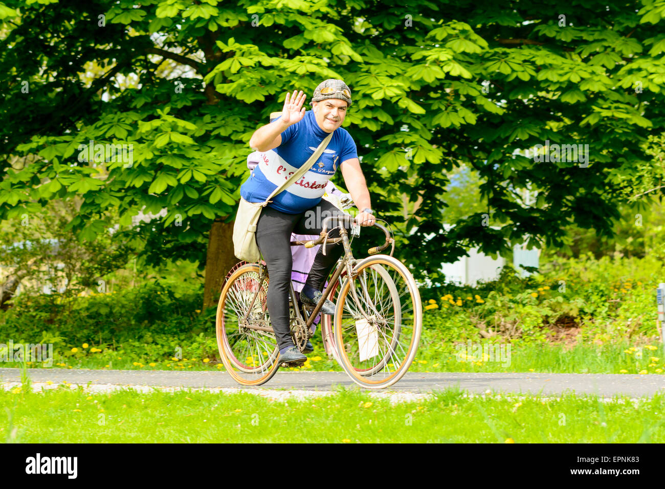 Solvesborg, Sweden - May 16, 2015: International Veteran Cycle Association (IVCA) 35th rally. Costume ride through public streets in town. Ride through park. Stock Photo