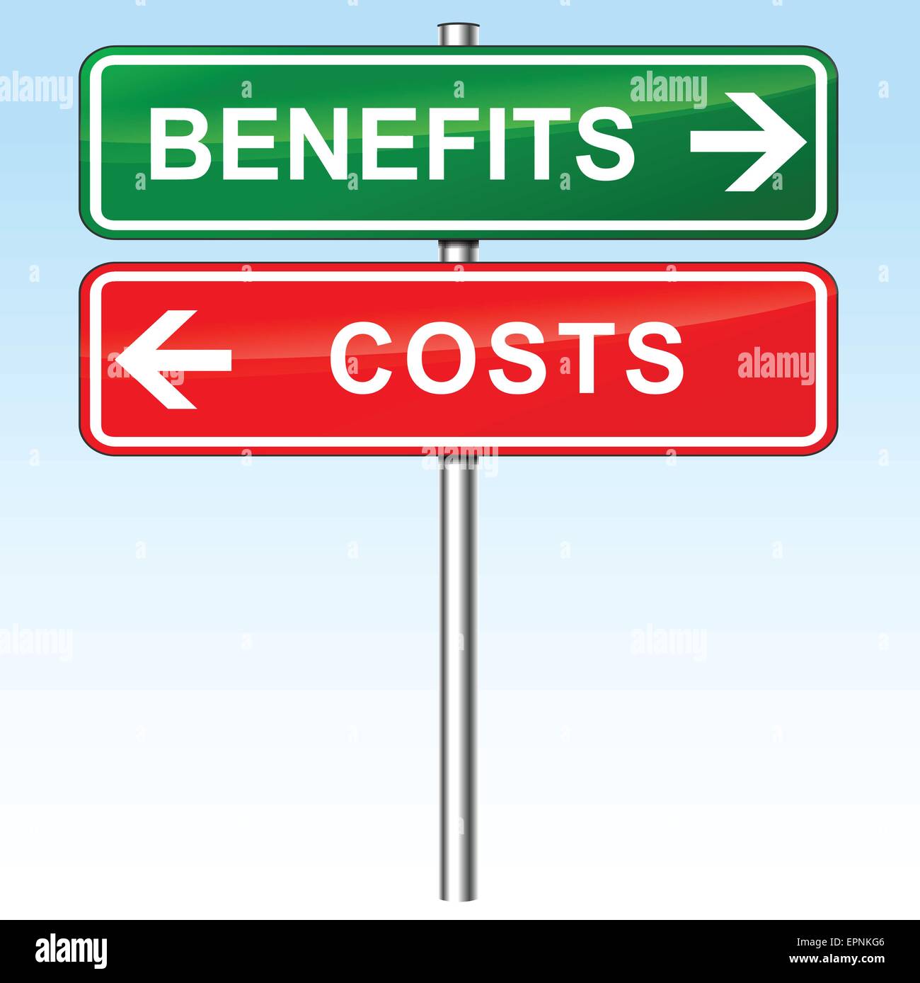illustration of green and red direction signs for benefits and costs Stock Vector