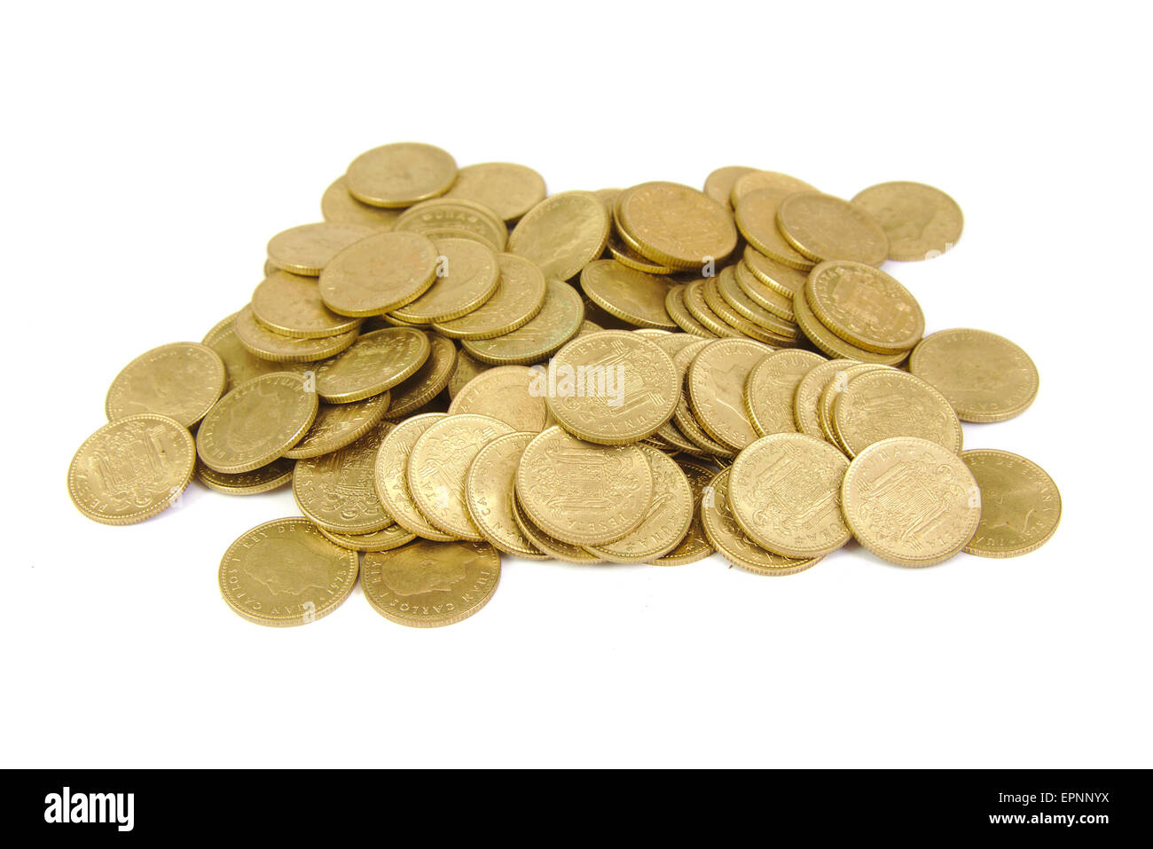Bunch of old Spanish coins isolated on white background. One peseta. Stock Photo
