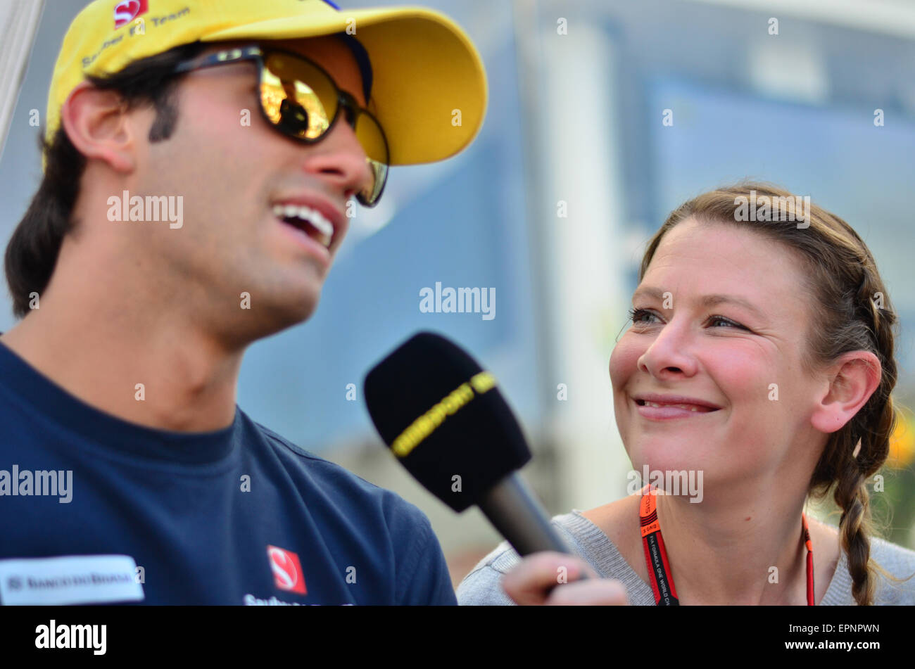 Monte Carlo, Monaco. 20th May, 2015. Jenny Gower BBC F1 presenter, interviews Felipe Nasr (BRA), driver for Sauber F1 Team