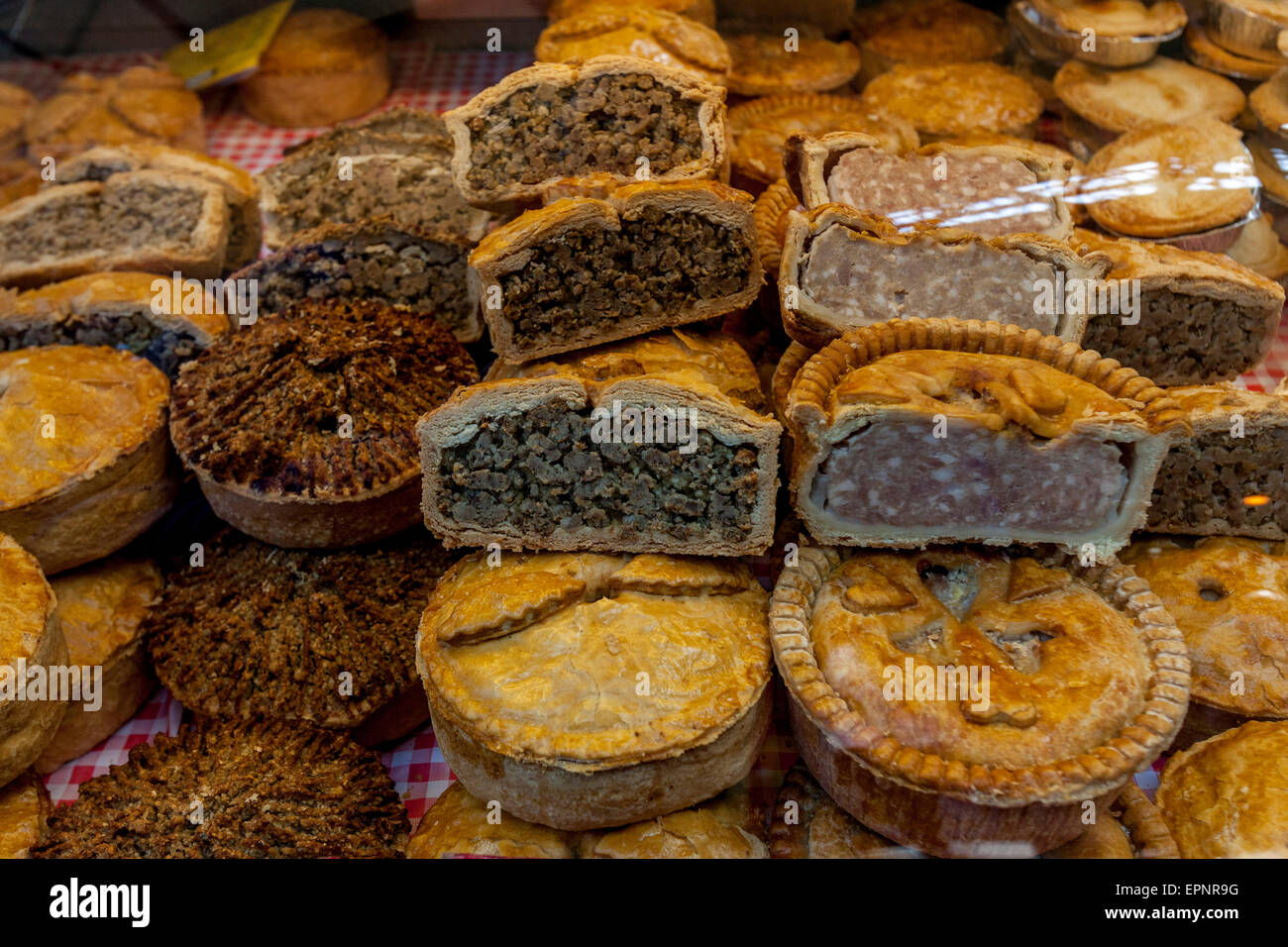Traditionally Made Pies For Sale In Borough Market, London Bridge Area, London, England Stock Photo