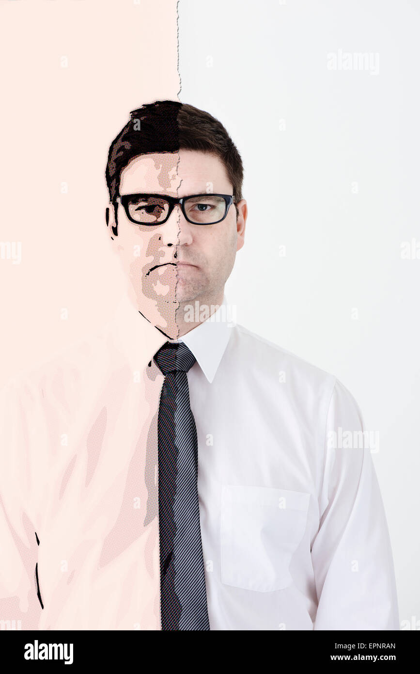 Portrait of serious businessman with two sides. One half of the image shows the man as a cartoon. Conceptual image of office Stock Photo