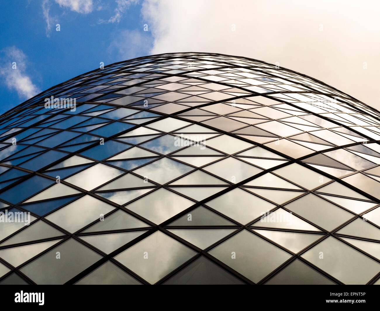 detail of 30 St Mary Axe (widely known informally as The Gherkin and previously as the Swiss Re Building) - London, England Stock Photo