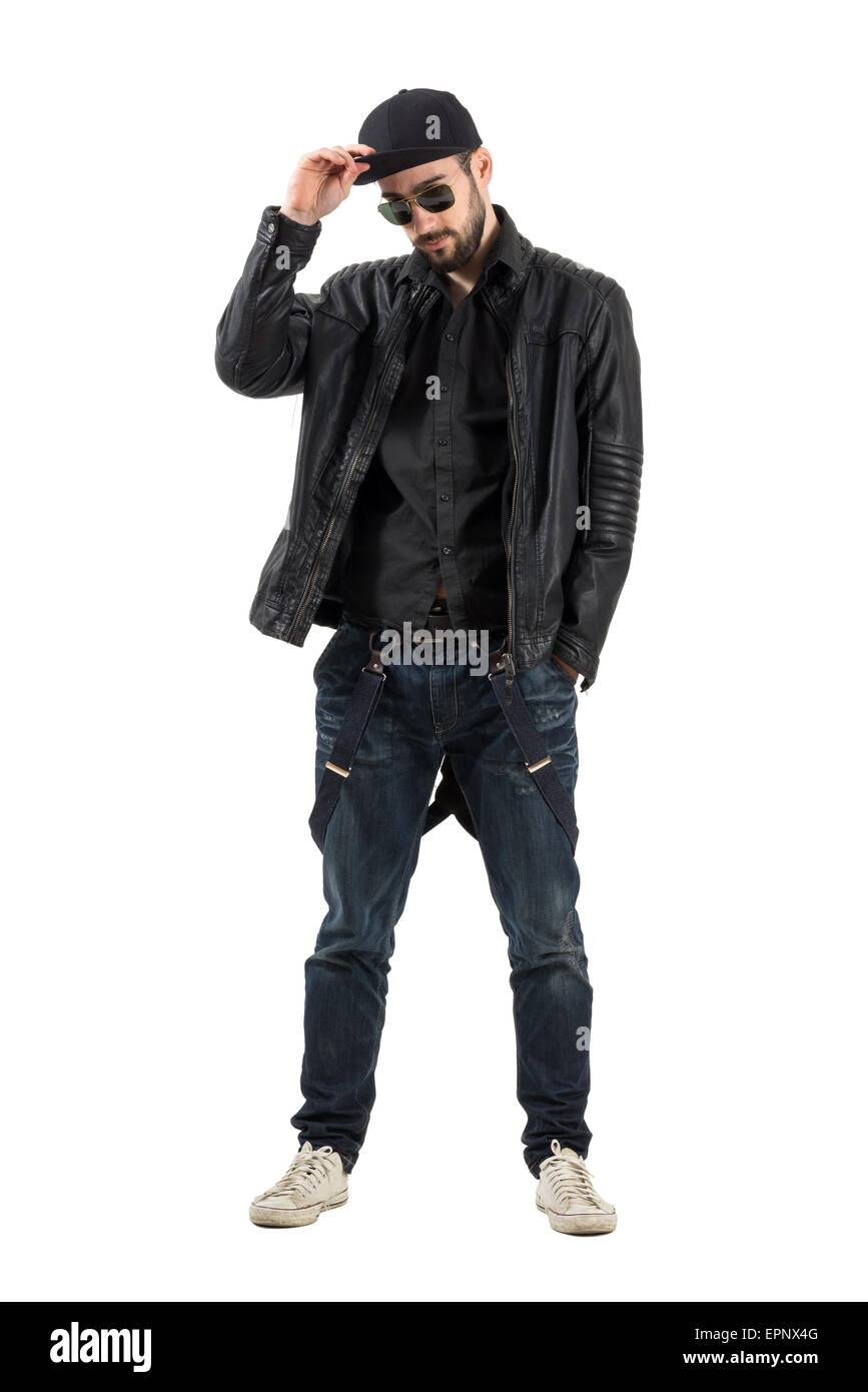 leather jacket and baseball cap