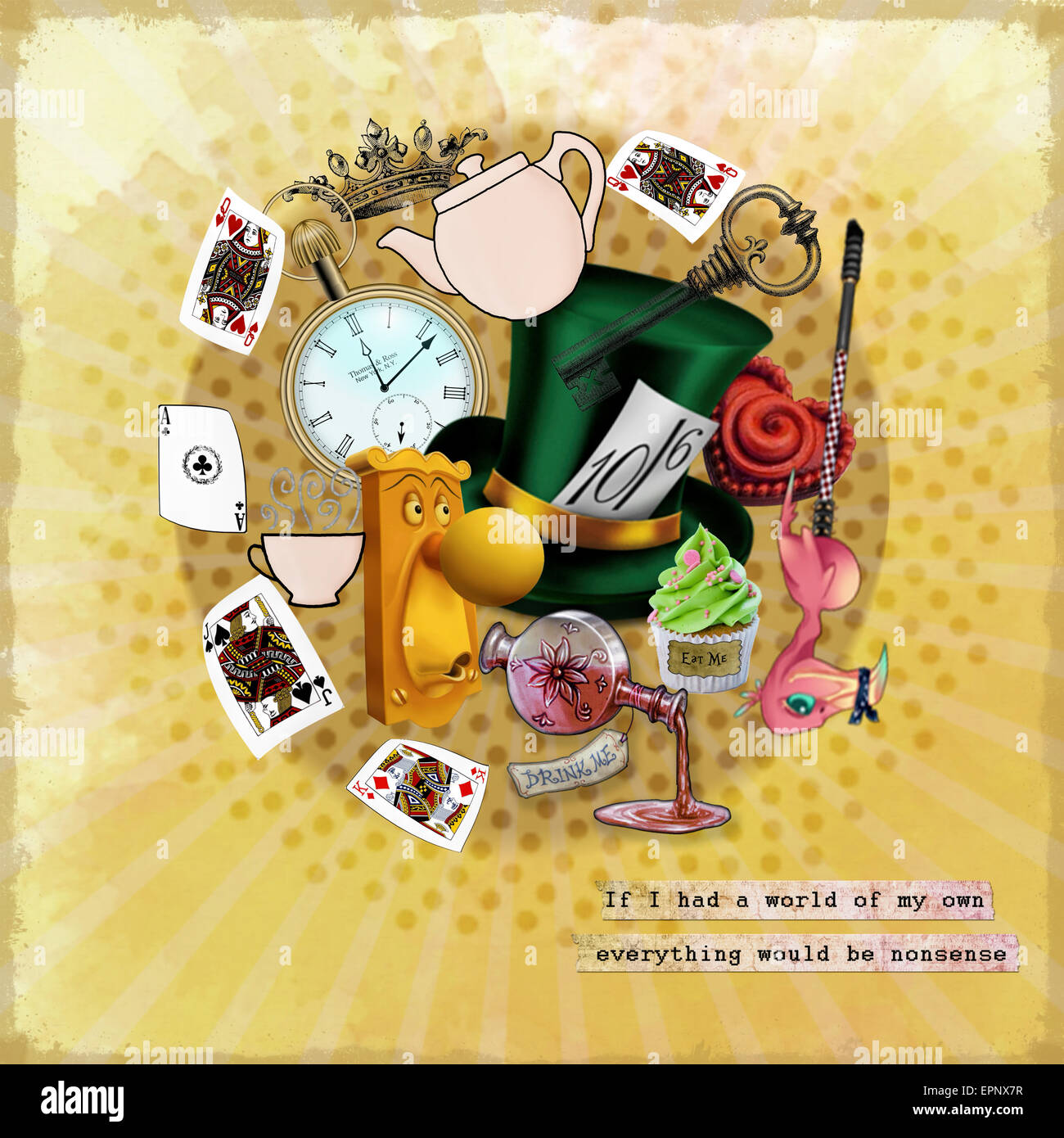 Alice In Wonderland Poster Greeting Card Green Hat Playing Cards Pocket  Watch And Key Roses Mushroom And Poison On White Background We Are All Mad  Here Stock Illustration - Download Image Now - iStock