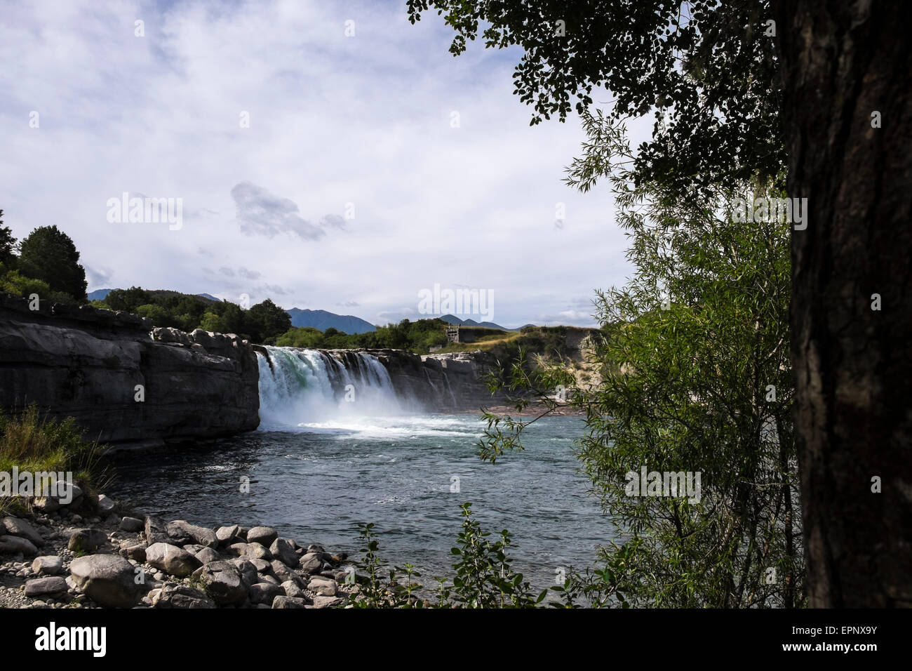 Maruia Falls were created by the 1929 Murchison earthquake when a slip blocked the original channel, Murchison, New Zealand. Stock Photo