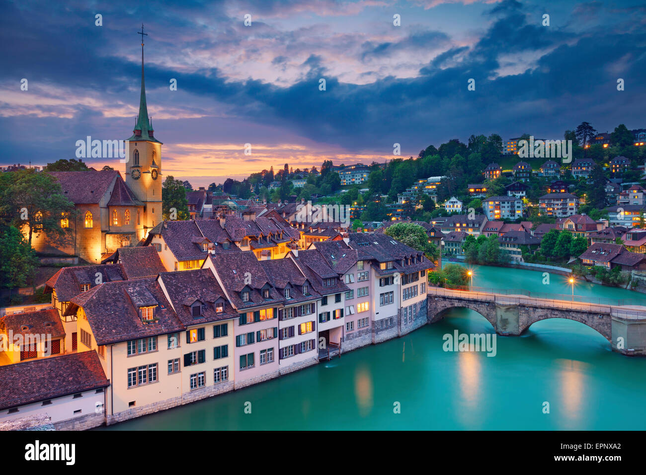 Bern. Image of Bern, capital city of Switzerland, during dramatic sunset. Stock Photo