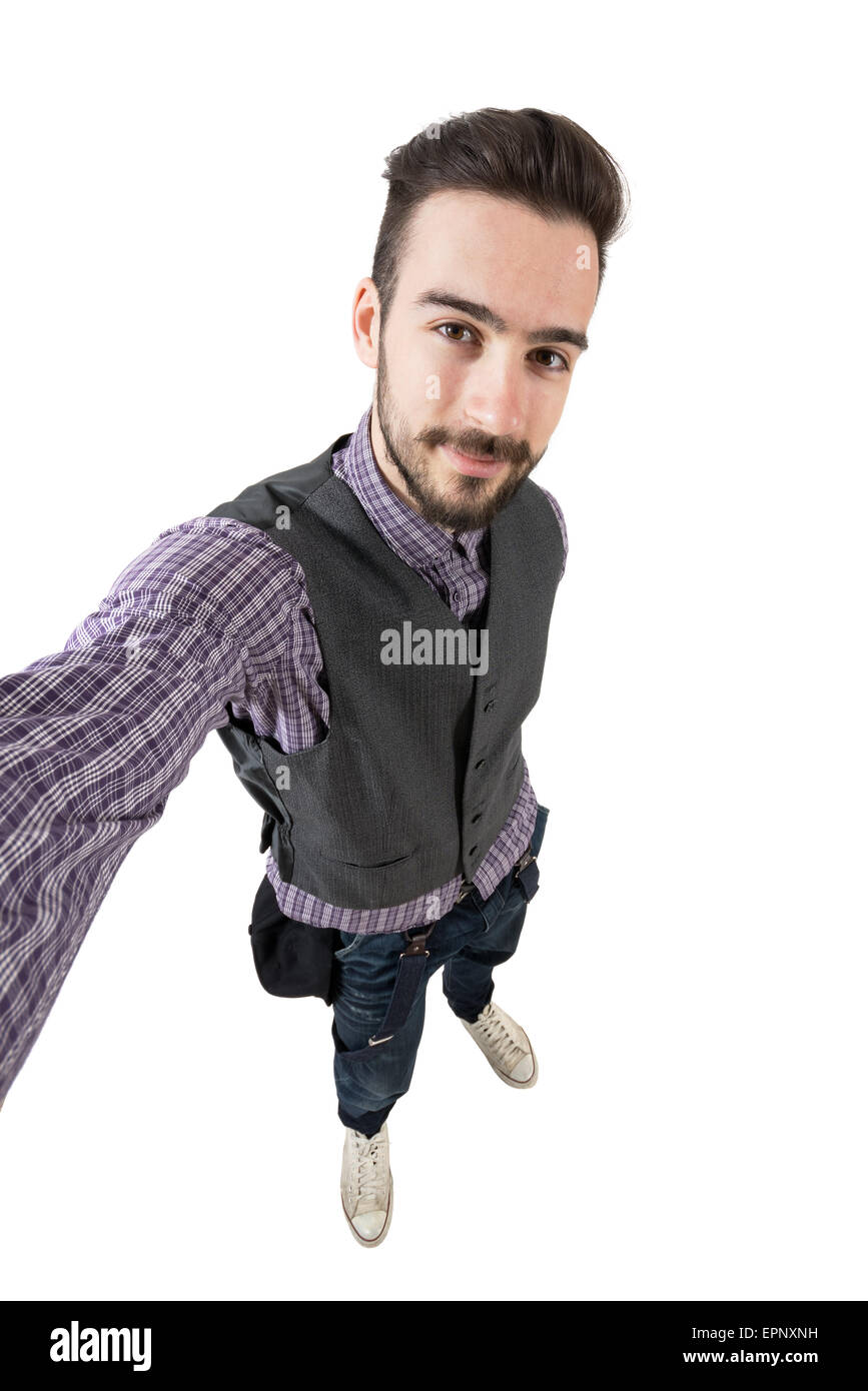 Young funny happy hipster taking self portrait or selfie. High view wide  angle lens portrait isolated over white background Stock Photo - Alamy