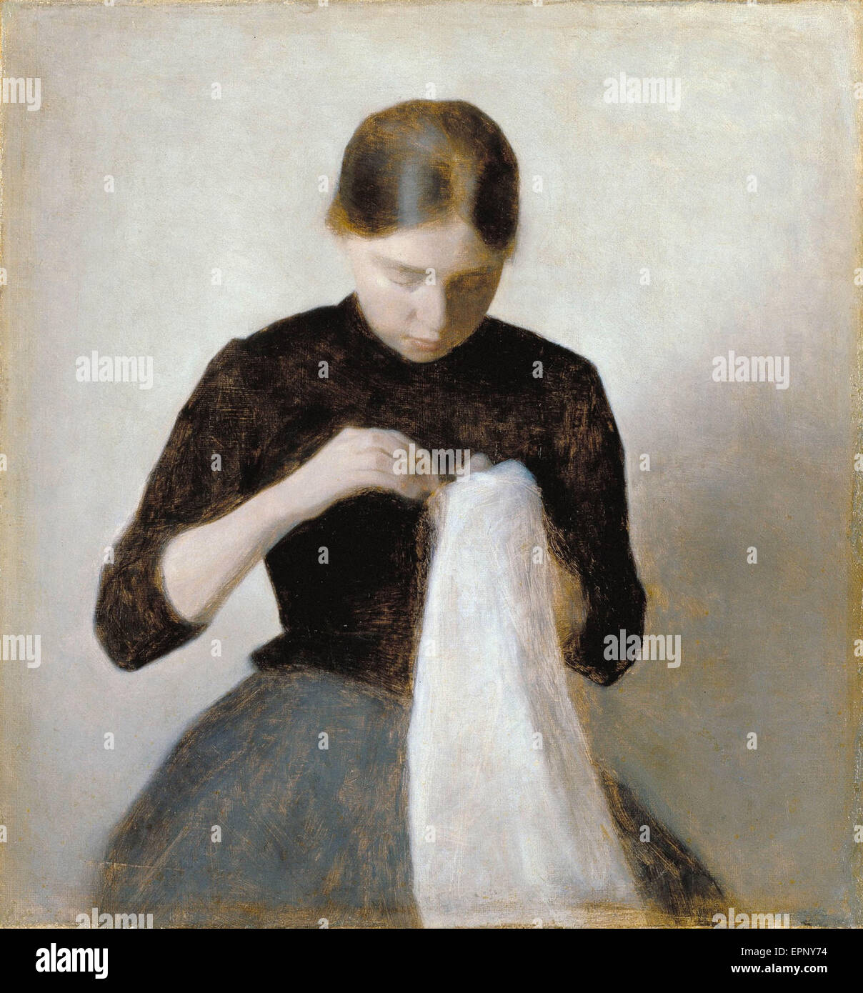 Vilhelm Hammershoi  Young Girl Sewing Stock Photo