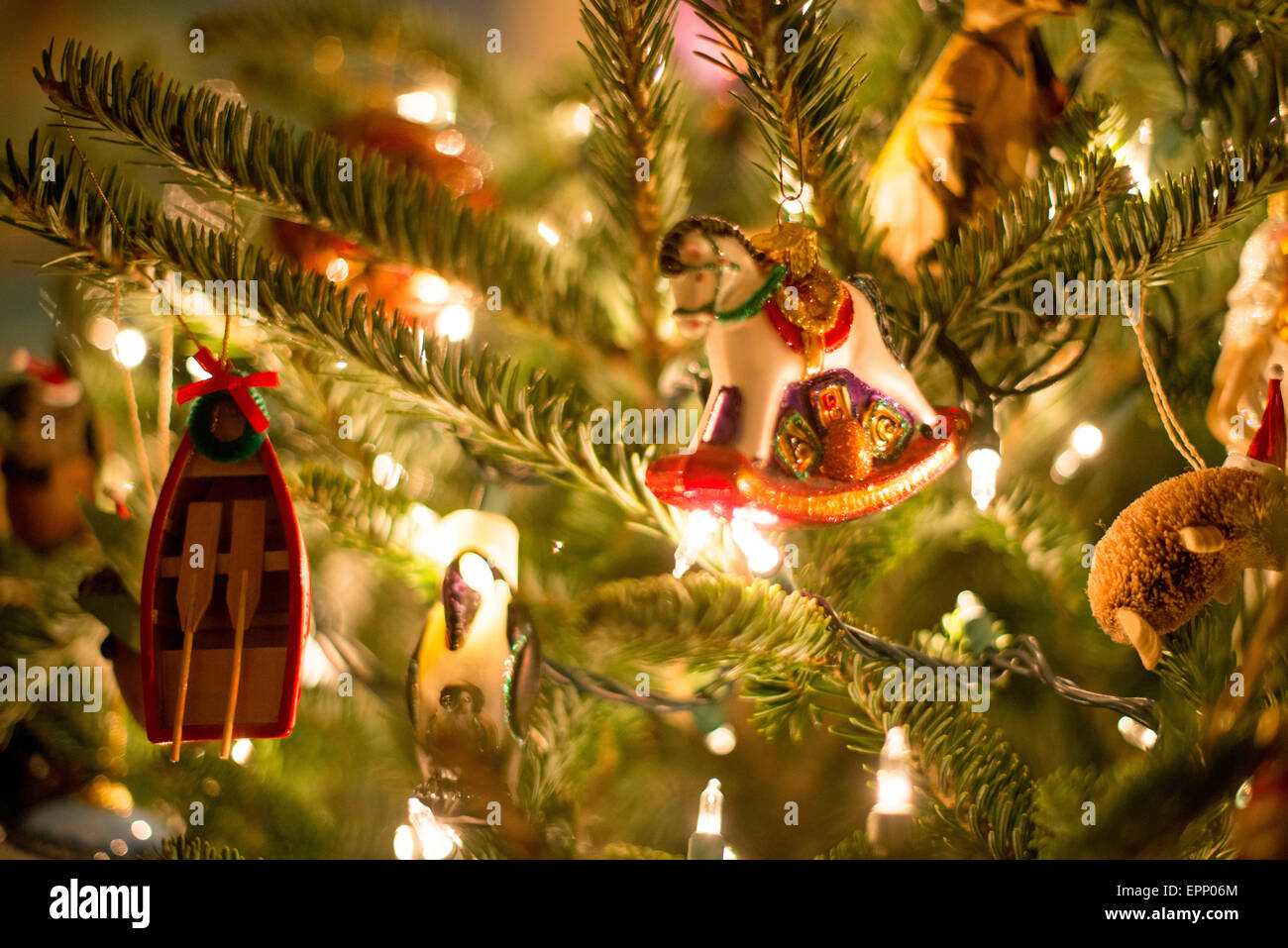 Close-up of Christmas decorations on a Christmas tree. Stock Photo