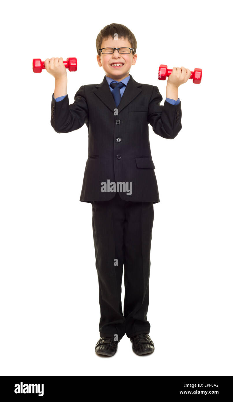 boy in suit boy lifts dumbbells Stock Photo Alamy