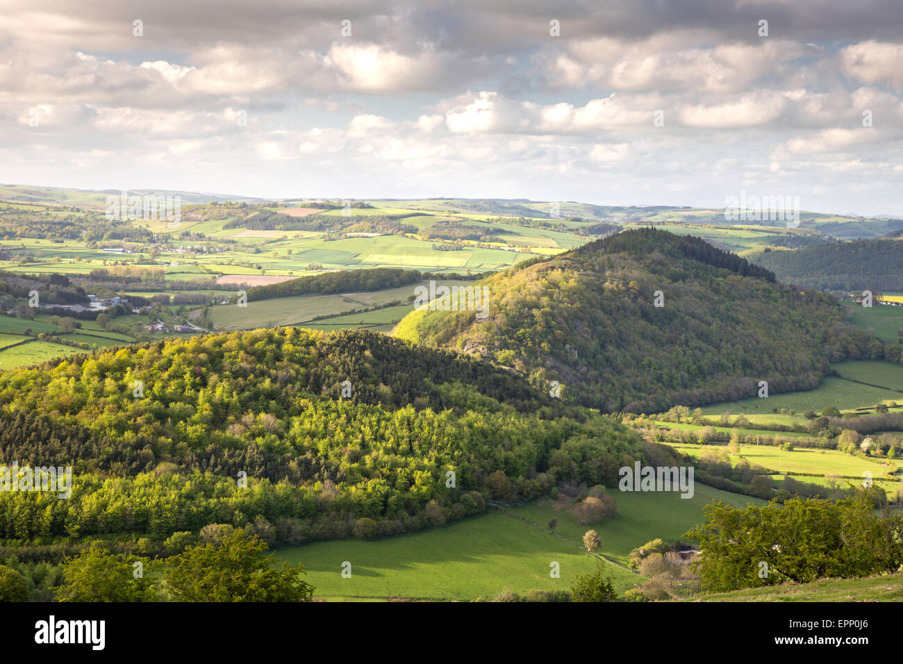 Late afternoon light from the Hergest Ridge on the Hereford side of the border between England and Wales, England, UK Stock Photo