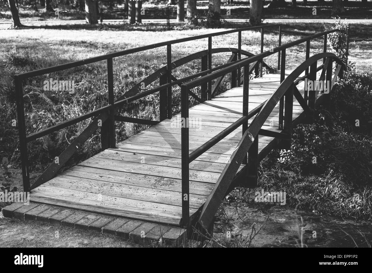 Black and white image of a small bridge Stock Photo