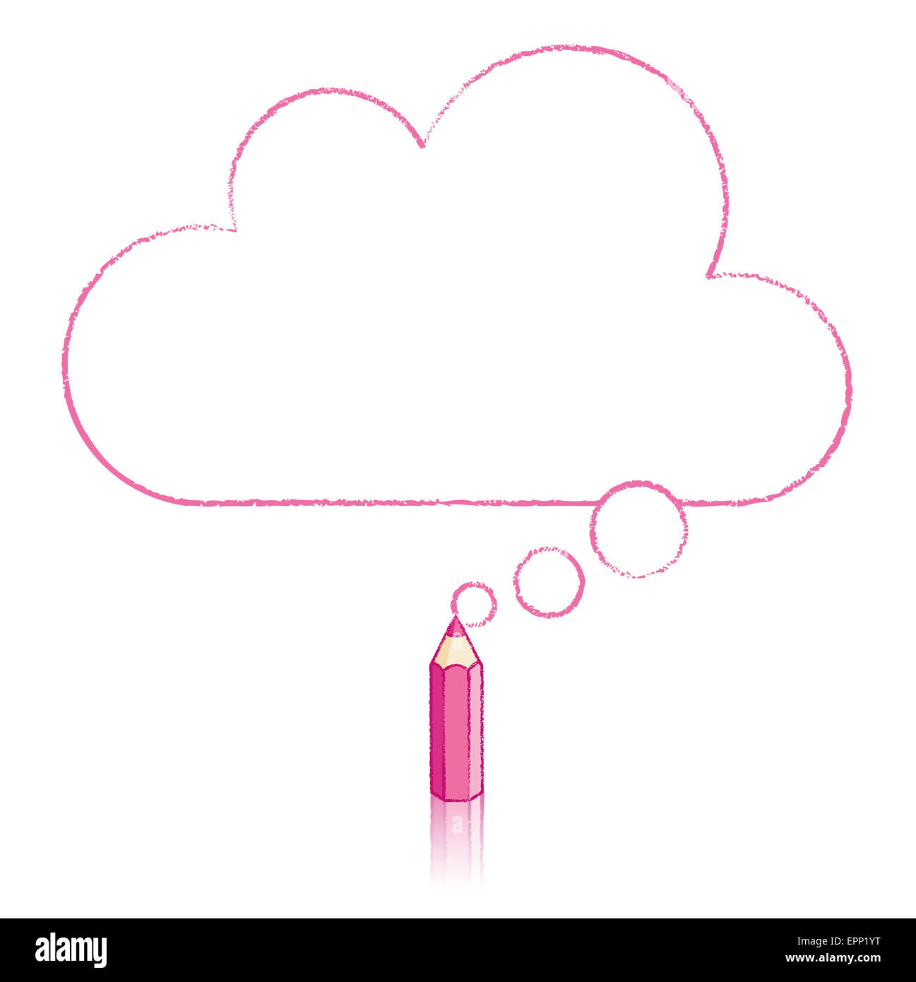 Pink Pencil with Reflection Drawing Flat Cloud Shaped Think Bubble on
