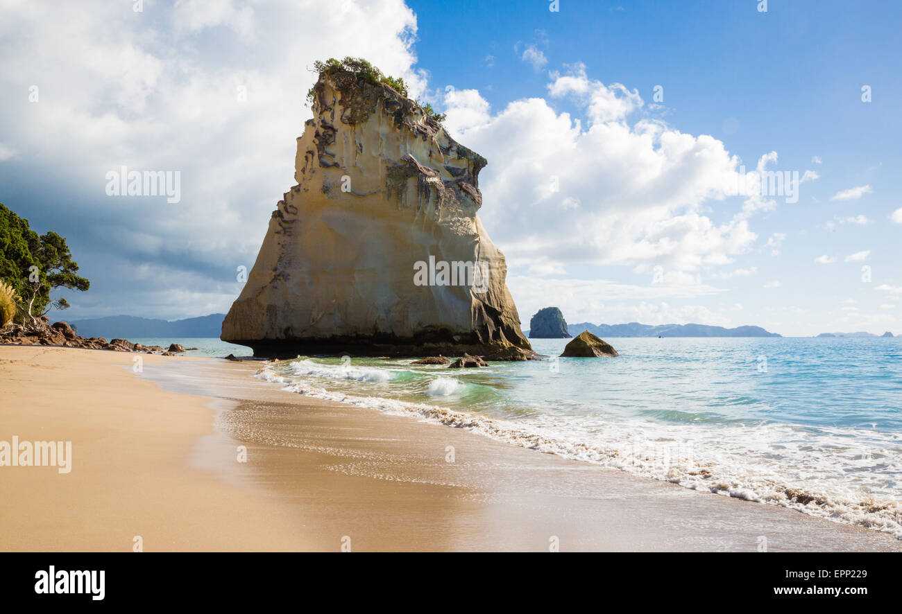 White limestone rock formations and fine sandy beach at Cathedral Cove on the Coromandel Peninsula in New Zealand North Island Stock Photo
