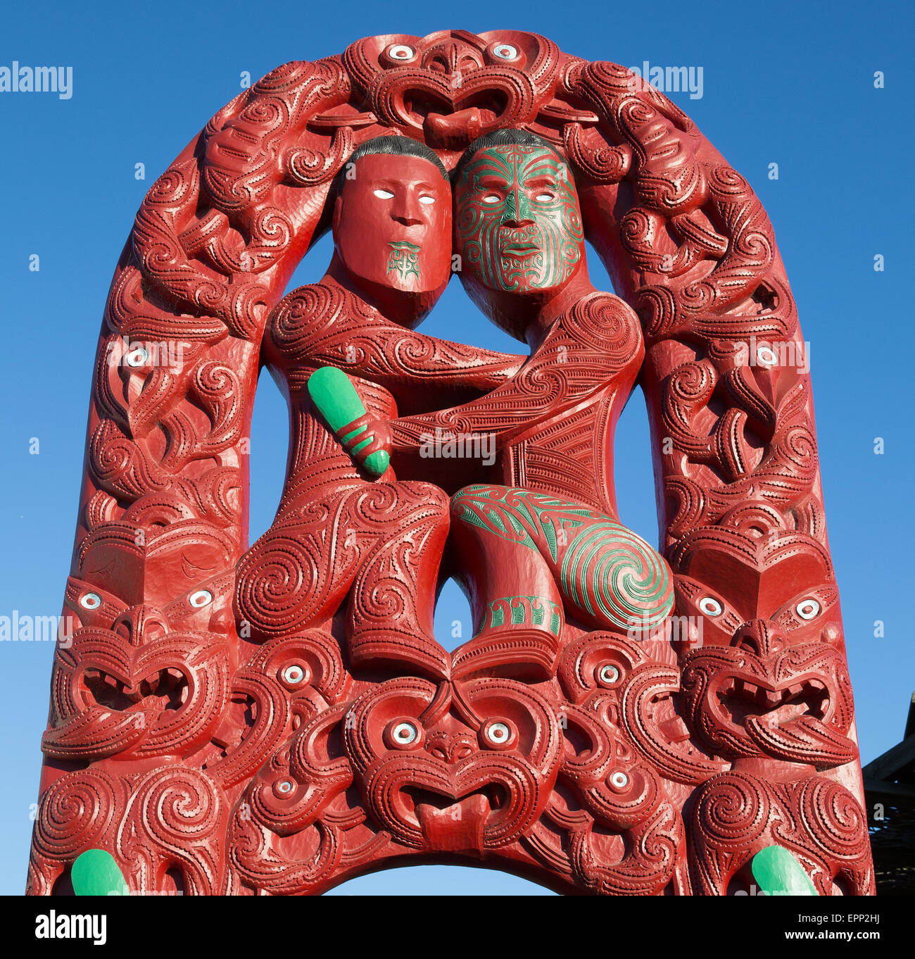 Intricate wood carving at Te Po Maori cultural village near Rotorua - North Island New Zealand Stock Photo