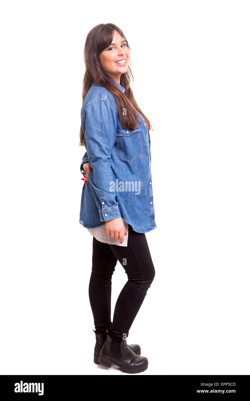 Beautiful young casual woman posing isolated over white Stock Photo - Alamy