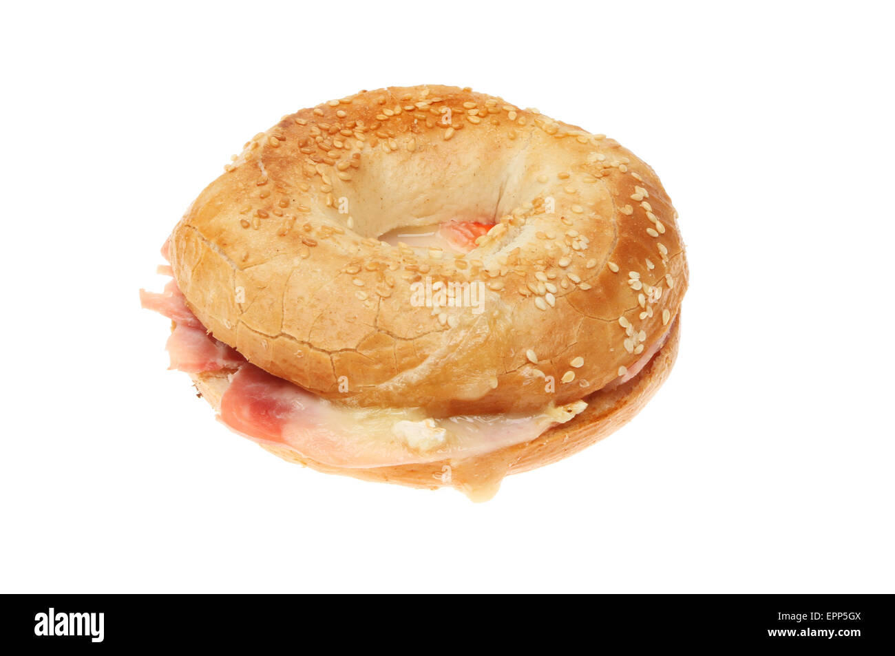 Toasted ham and cheese bagel isolated against white Stock Photo