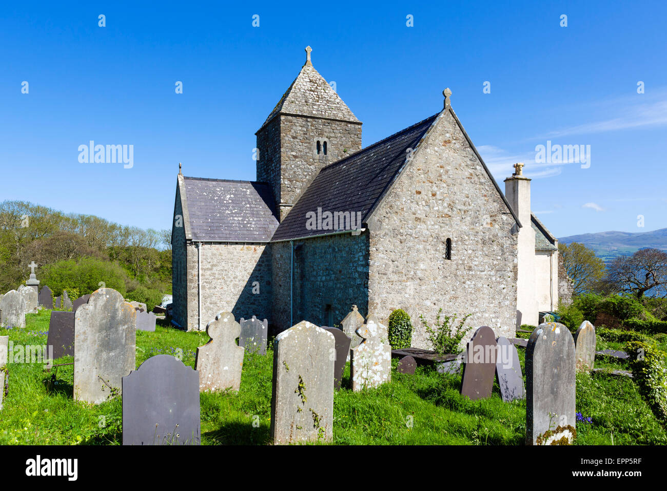 The 12thC St Seiriol's Church, part of historic Penmon Priory, Anglesey, Wales, UK Stock Photo