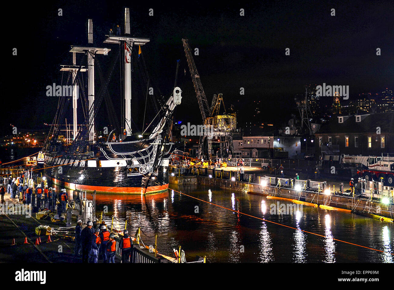 USS Constitution is moved into dry dock for the first time in 19-years in the Charlestown Navy Yard for a multi-year restoration project May 18, 2015 in Charlestown, Massachusetts. Stock Photo