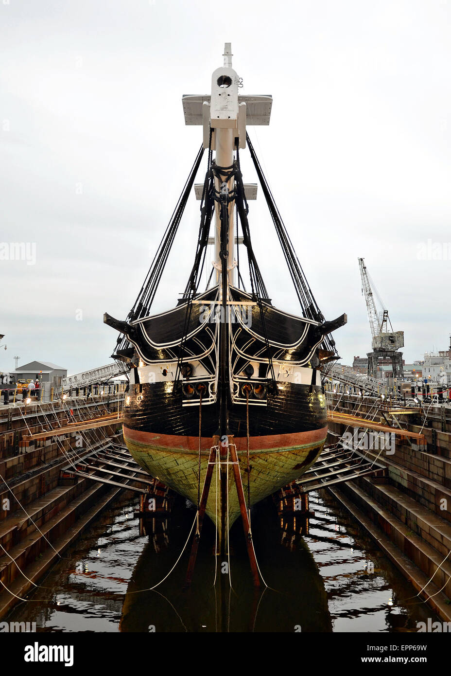 USS Constitution is moved into dry dock for the first time in 19-years in the Charlestown Navy Yard for a multi-year restoration project May 19, 2015 in Charlestown, Massachusetts. Stock Photo