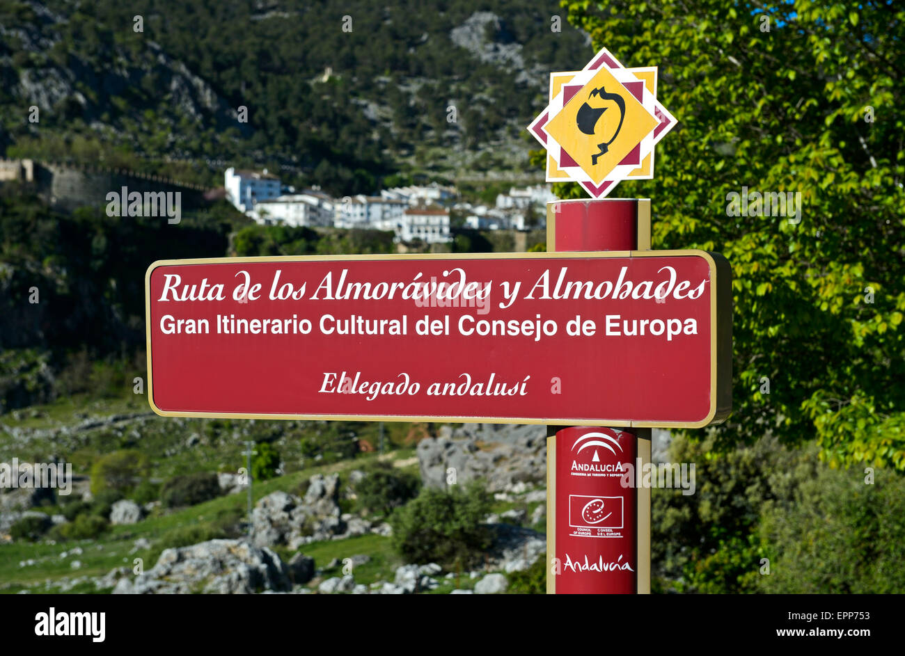 Signpost of the European Cultural Route The Legacy of Al-Andalus, Ruta de Almorávides y Almohades, near Grazalema, Spain Stock Photo