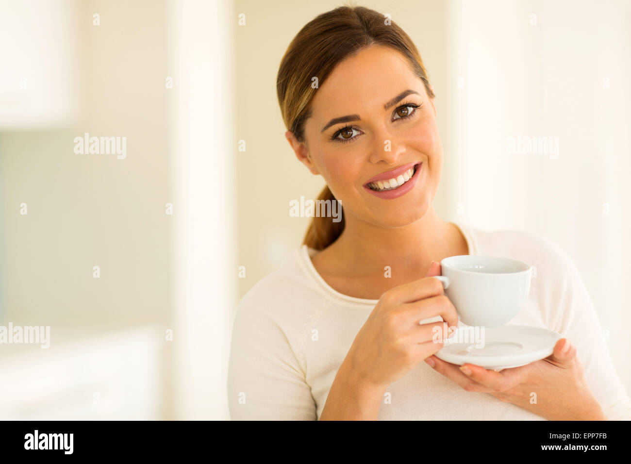 closeup portrait of girl drinking coffee Stock Photo