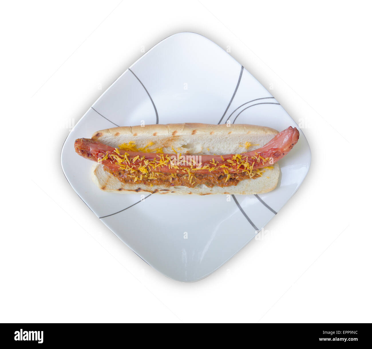 A grilled gourmet hotdog with chili, cheese, and sauce, isolated on white Stock Photo