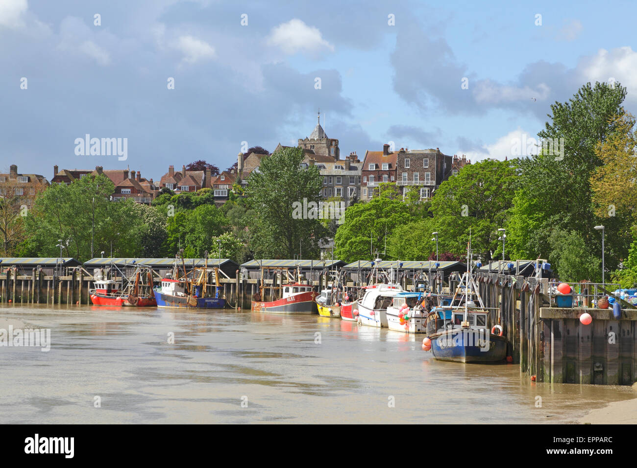 Fishing boats moored at Simmons Quay, Rye, East Sussex, GB, UK Stock Photo