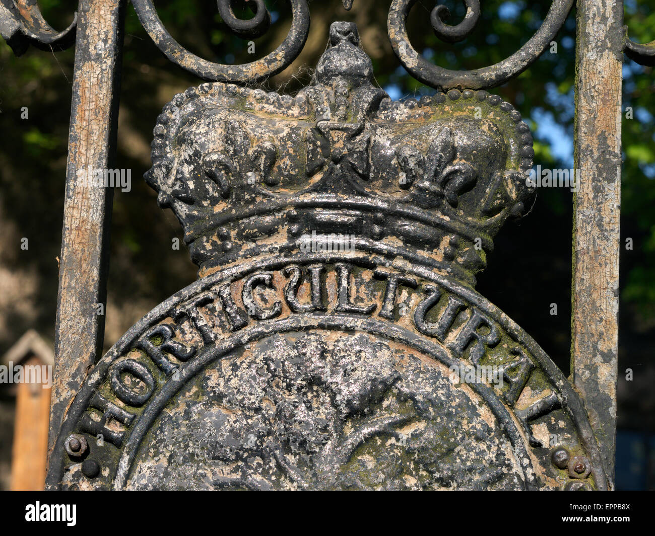 Close-up on weathered Royal Horticultural Society (RHS) metal plaque emblem on entrance gates with garden shed behind Stock Photo