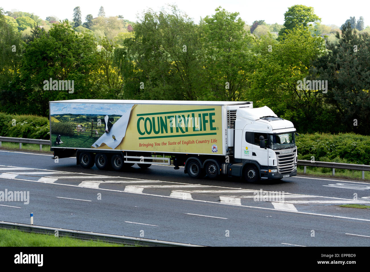 Country Life lorry leaving M40 motorway, Warwickshire, UK Stock Photo