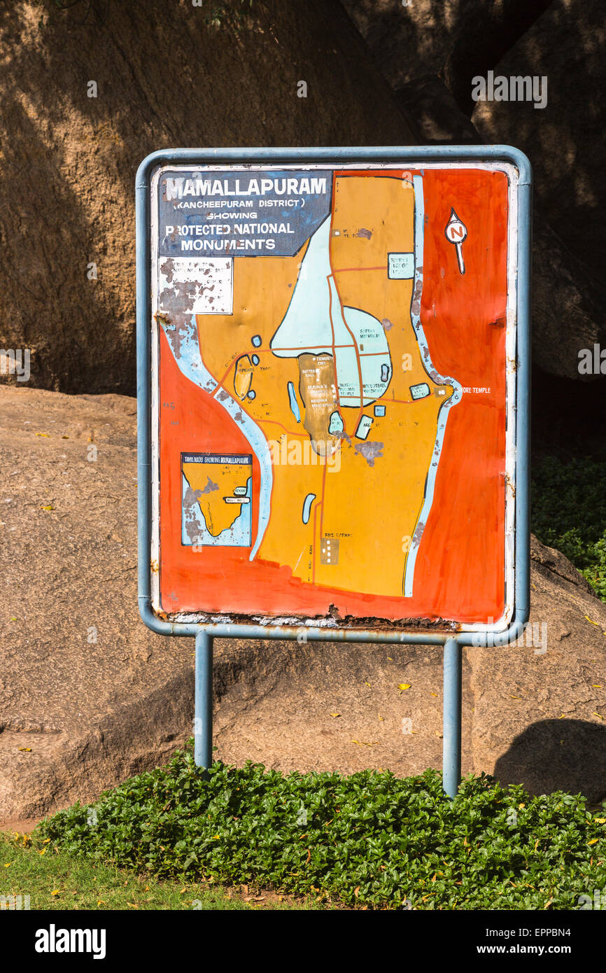 Information board with map showing layout of Mamallapuram (Mahabalipuram) protected national monuments, near Chennai, southern India Stock Photo