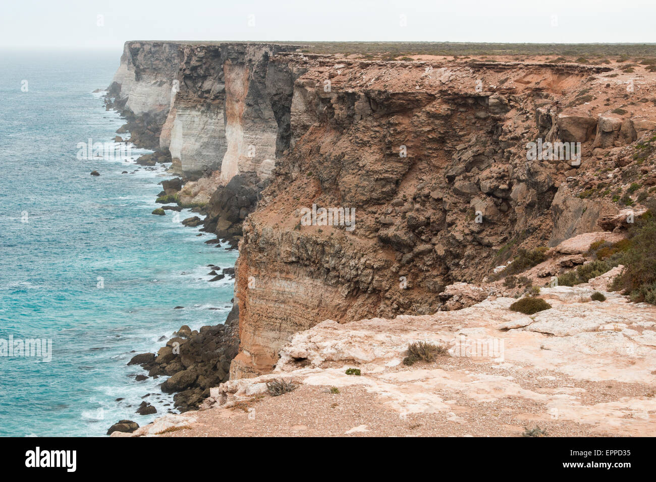 tall, unstable sea cliffs in the Nullabor Desert, South Australia Stock Photo