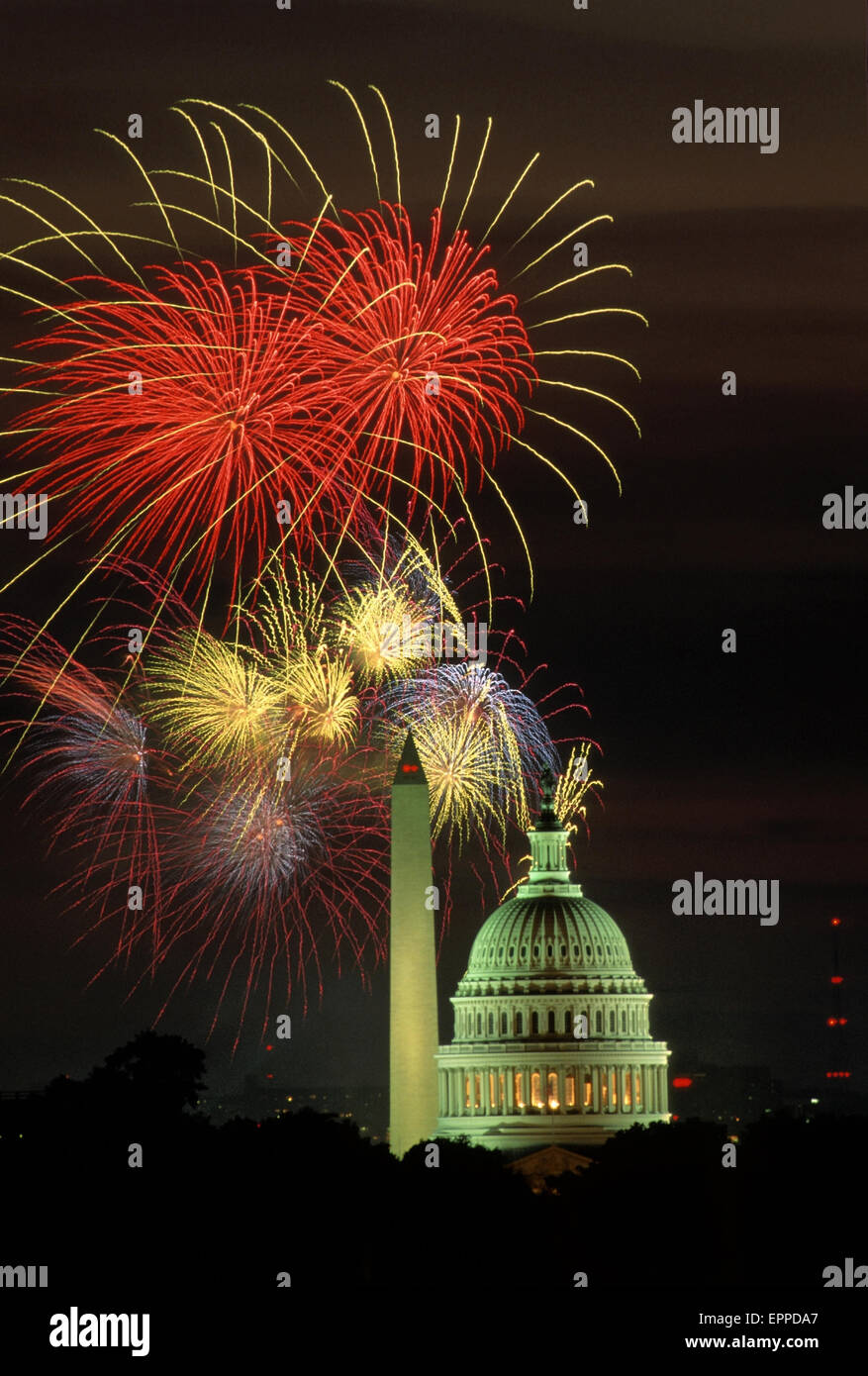Washington DC. July 4th Fireworks explode in the sky over the