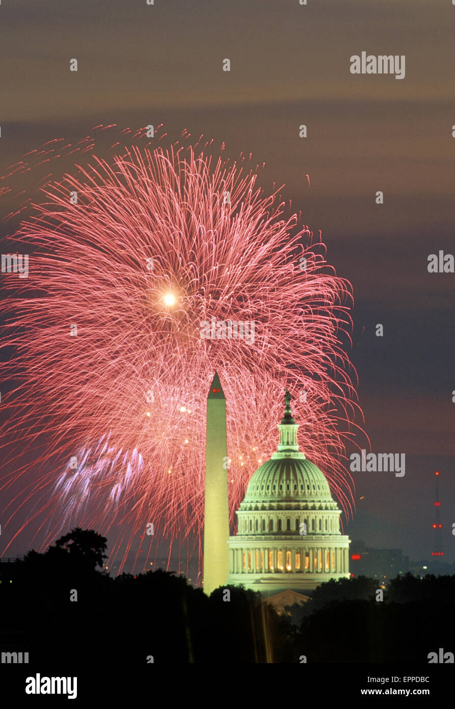 Washington DC. July 4th Fireworks explode in the sky over the