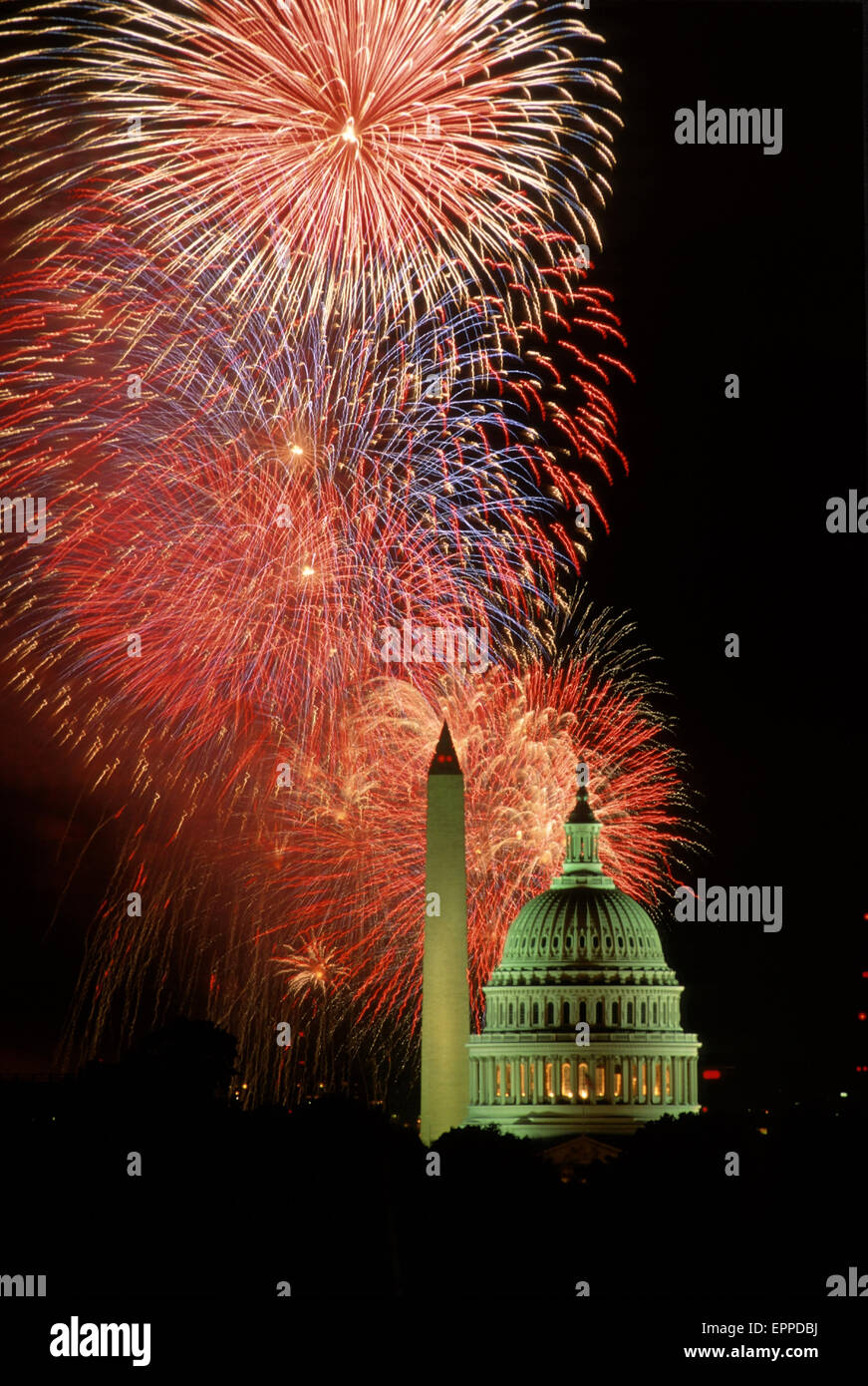 Washington DC. July 4th Fireworks explode in the sky over the