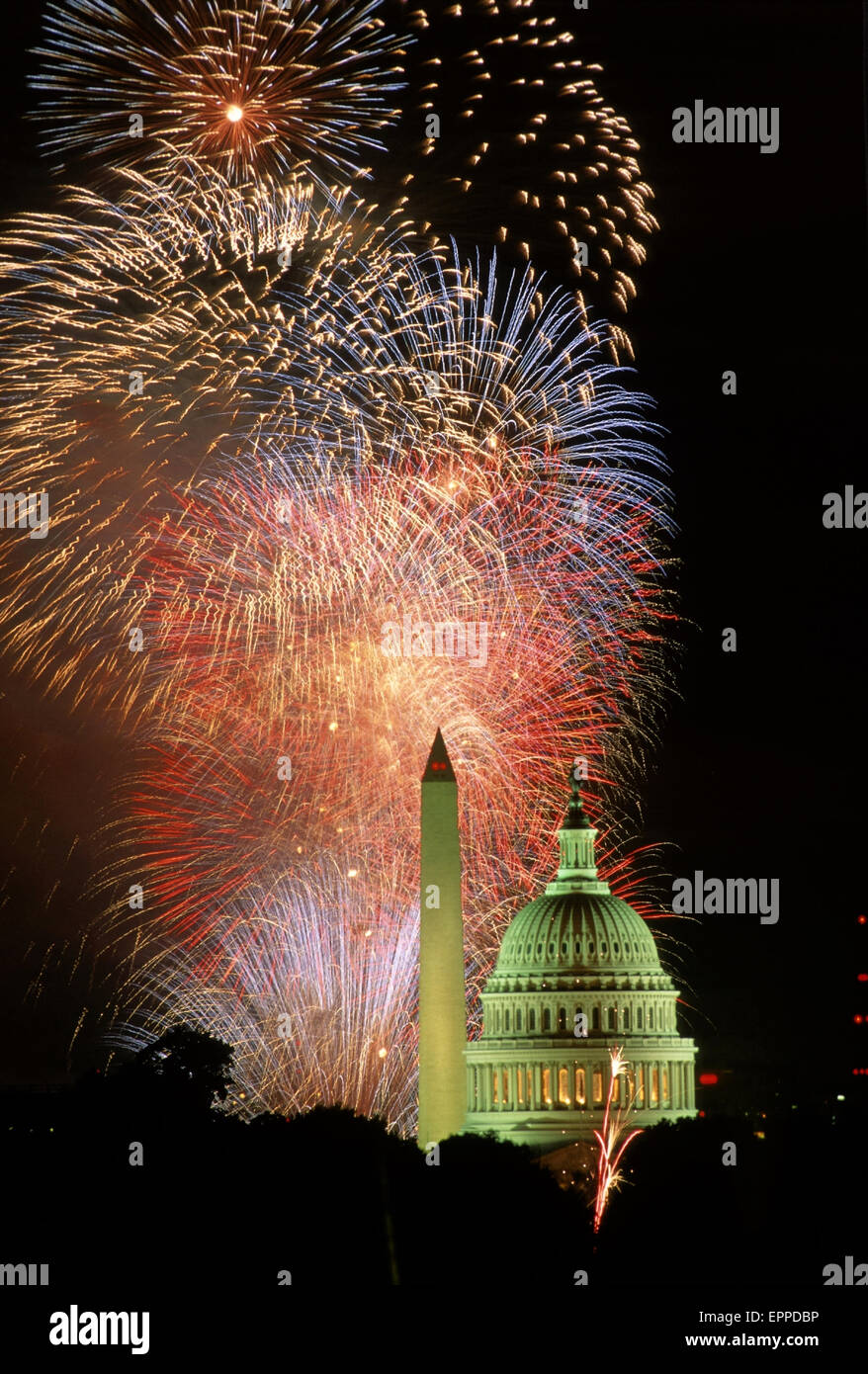 Washington DC. July 4th Fireworks explode in the sky over the