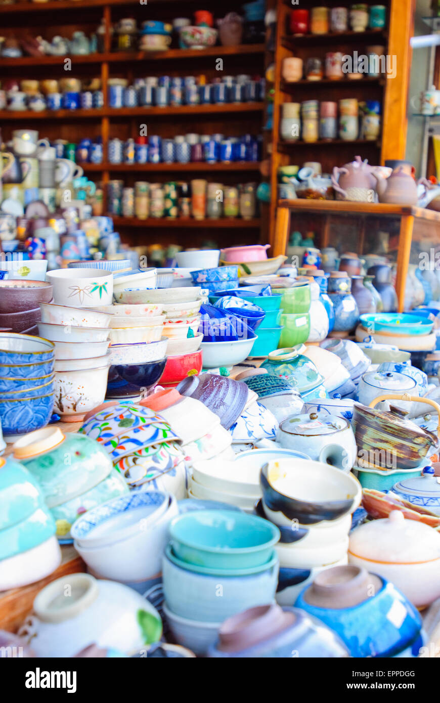 Japanese pottery from souvenir shops in the old town of Kyoto Japan