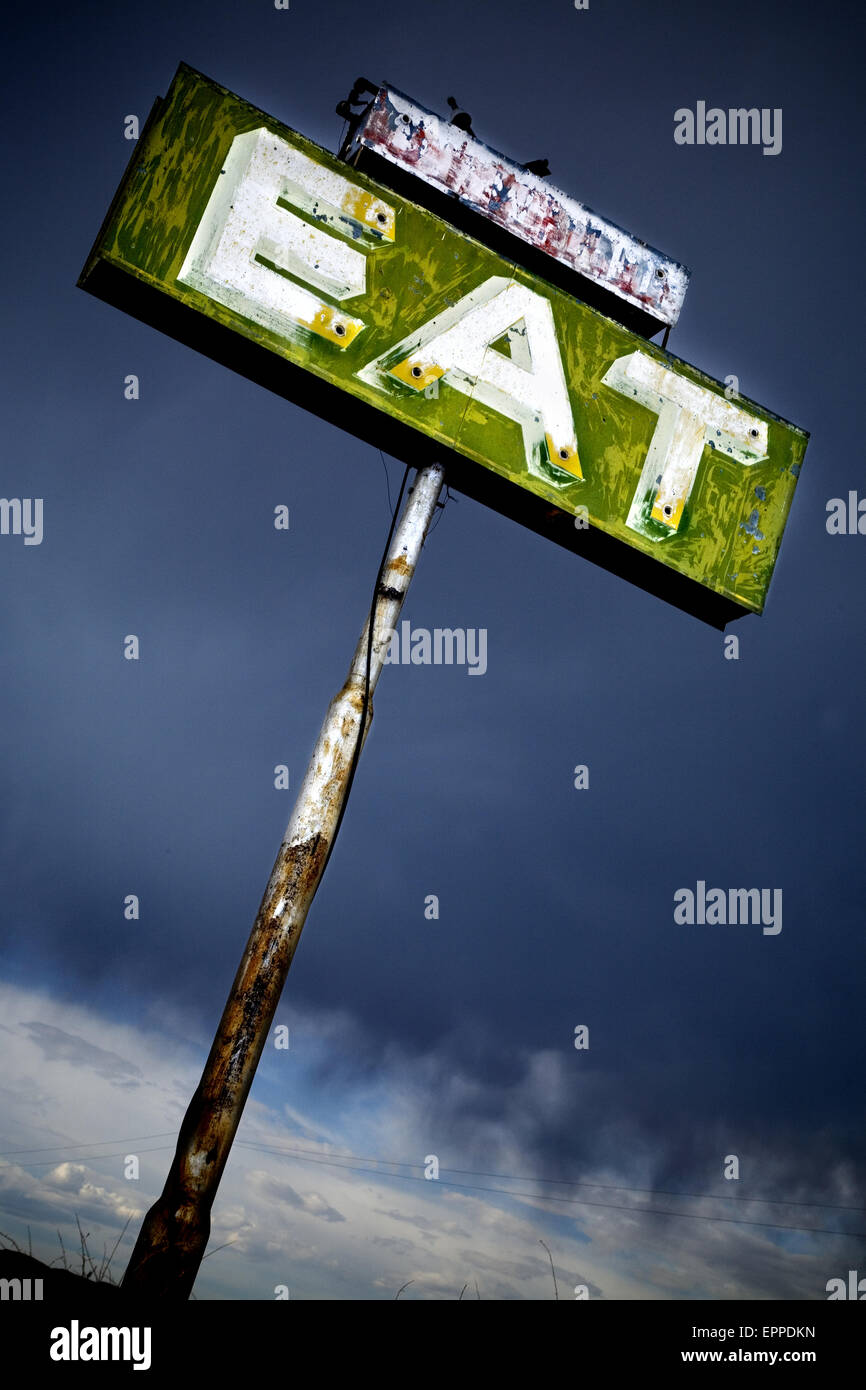 Eat sign in an abandoned desert town. Stock Photo