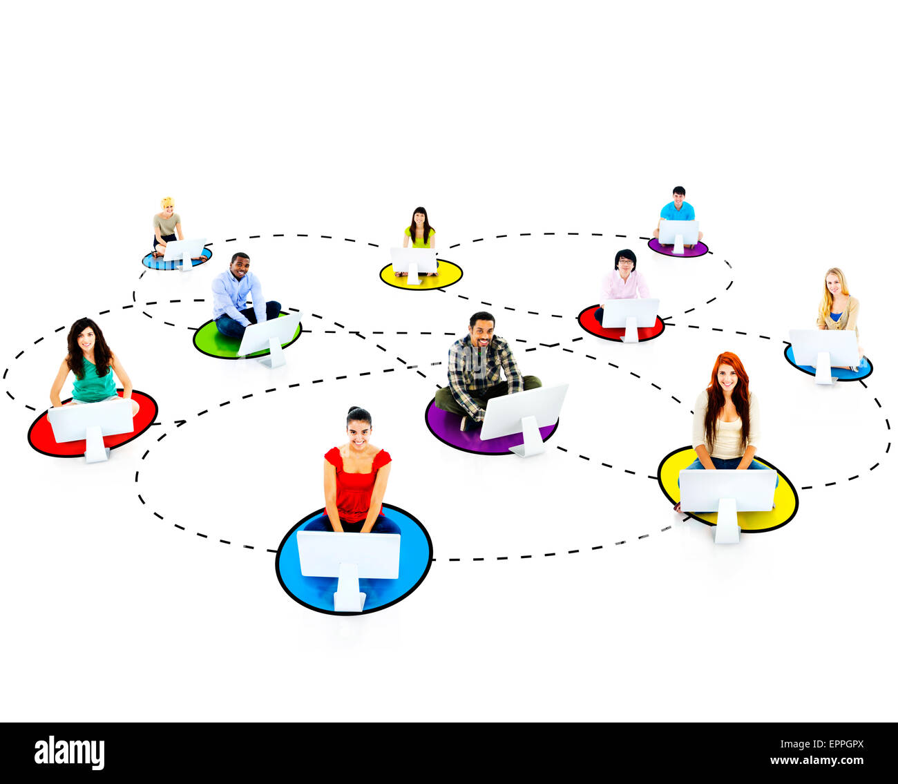 Social network themed photo of people with computers Stock Photo - Alamy